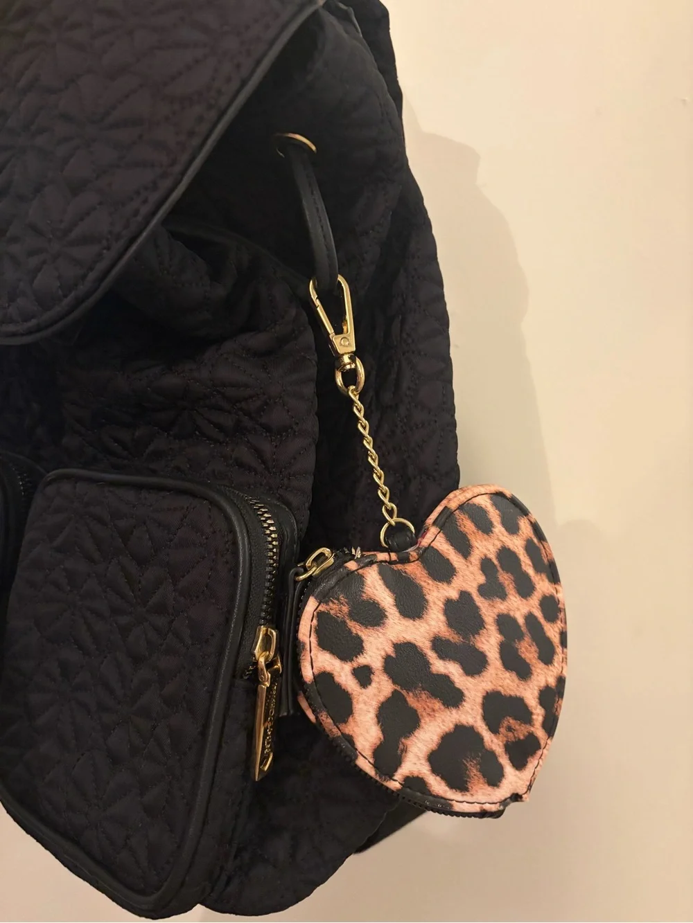 Betsey Johnson Black Quilted Backpack with Gold & Leopard Accent